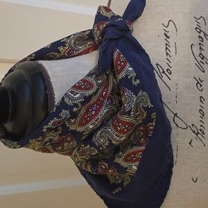 Vintage 70's Square Paisley Silk Scarf in Navy, Red And Gold